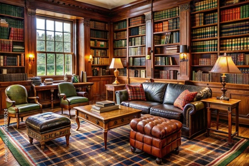 Classic American college-inspired setting featuring a tidy room with wooden furniture, tartan blankets, and rows of leather-bound books, evoking a sense of sophistication.