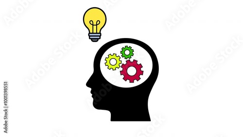 Animated Gears in Mind. The gears spin and an idea appears in the form of a yellow light. transparent background
