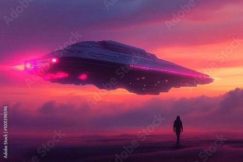 Spaceship landing on distant planet, scifi, vibrant hues, digital art