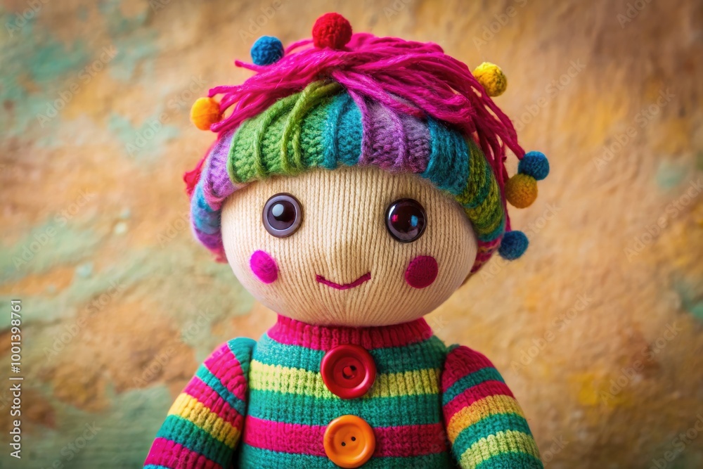 Fototapeta premium Adorable Sock Doll Character with Colorful Patterns and Button Eyes on a Soft Textured Background