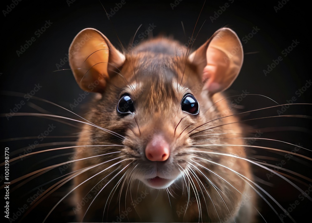Close-up of a brown rat's whiskered face, twitching nose, and beady eyes, set against a dark background, conveying curiosity and cautious suspicion.