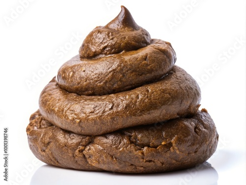 Close-up of a brown, irregularly shaped human feces on a white background, with slight texture and subtle shadows, conveying a sense of realism. photo