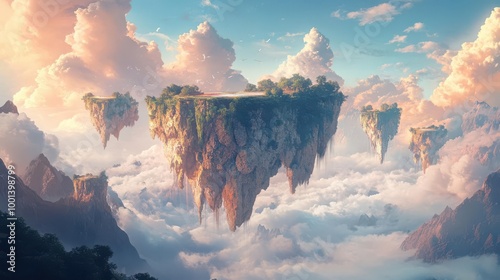 Surreal landscape with floating islands, fantasy, pastel colors, digital painting