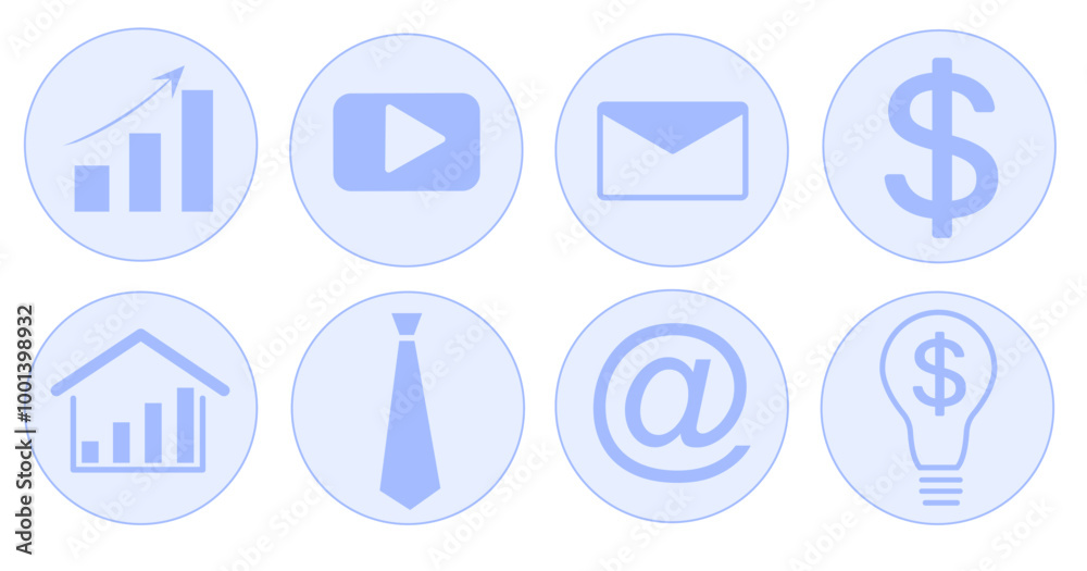 set of eight business-related icons in blue circles. The icons include charts, video, email, dollar signs, house, tie, briefcase, and lightbulb, representing various business concept set of eight business-related icons in blue circles. The icons include charts, video, email, dollar signs, house, tie, briefcase, and lightbulb, representing various business concept