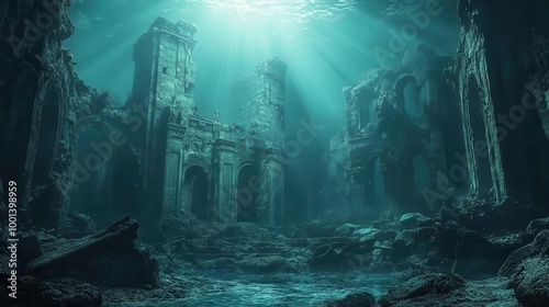 Surreal underwater scene with ancient ruins, fantasy, cool tones, digital painting