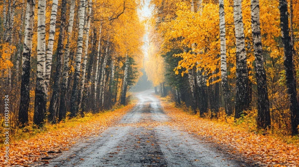 Obraz premium Discover a serene autumn forest in Eastern Europe, with yellow and orange leaves covering the tree trunks and a picturesque road through the foliage