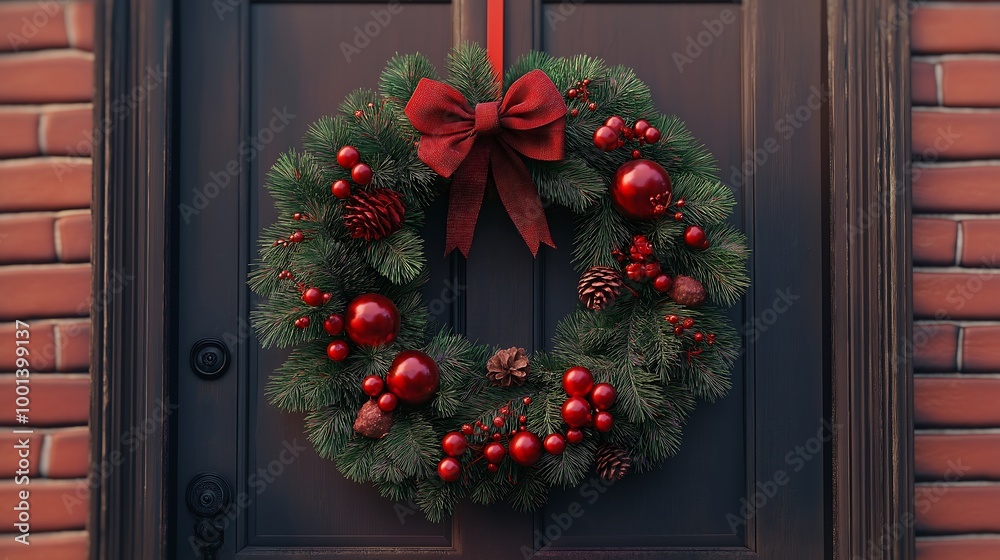 Red and green christmas wreath hanging in front of the door in christmas day.