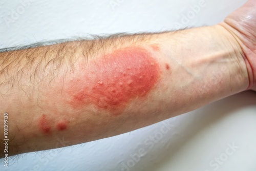 Close-up of a forearm with a raised, red, and swollen skin reaction, indicating a positive result in a Mantoux tuberculin skin test. photo