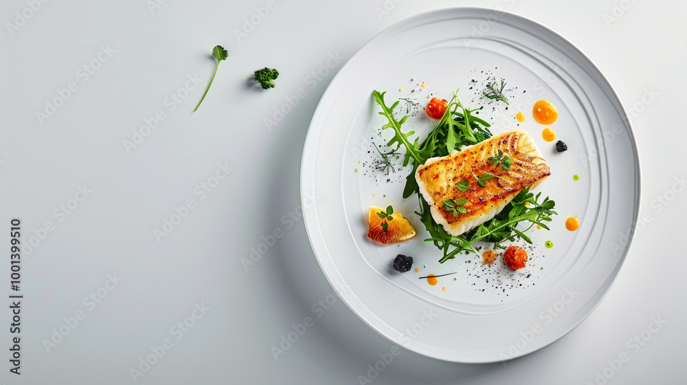 Citrus Turbot Meunière on white background with negative space, highlighting colors and textures Citrus Turbot Meunière on white background with negative space, highlighting colors and textures