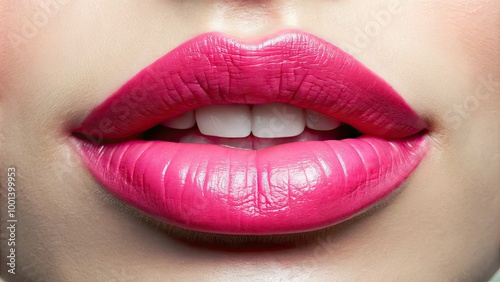 CLOSE-UP OF FULL, PINK, SOFT, AND INVITING LIPS, SLIGHTLY PARTED, WITH A HINT OF A SMILE, AGAINST A SOFT, WHITE BACKGROUND. photo