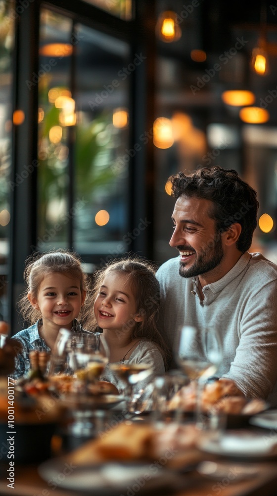 A man and two children are sitting at a table with wine glasses and food A man and two children are sitting at a table with wine glasses and food