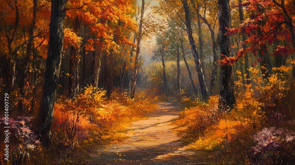 Discover the magic of autumn on a peaceful forest path, surrounded by vibrant and fiery fall colors for a soothing and enchanting walk Discover the magic of autumn on a peaceful forest path, surrounded by vibrant and fiery fall colors for a soothing and enchanting walk