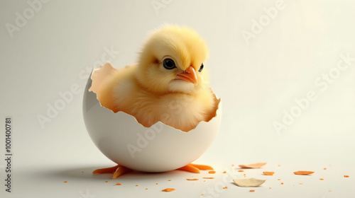 Cute yellow chick breaking out of eggshell photo