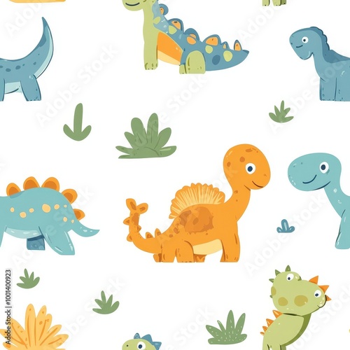 Colorful cartoon dinosaurs with plant elements on a white background, perfect for children's design themes. Seamless Texture Tile