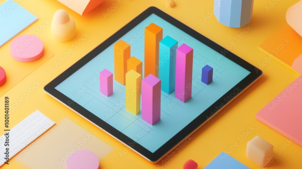A flat lay of a digital tablet showing a 3D bar graph, with bars popping out of the screen, symbolizing interactive data analysis in a modern business setting