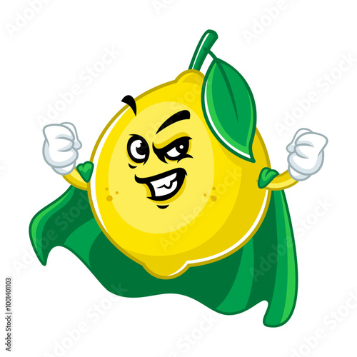 Superhero Lemon Mascot Character with Cape, Flying, Cartoon Illustration.