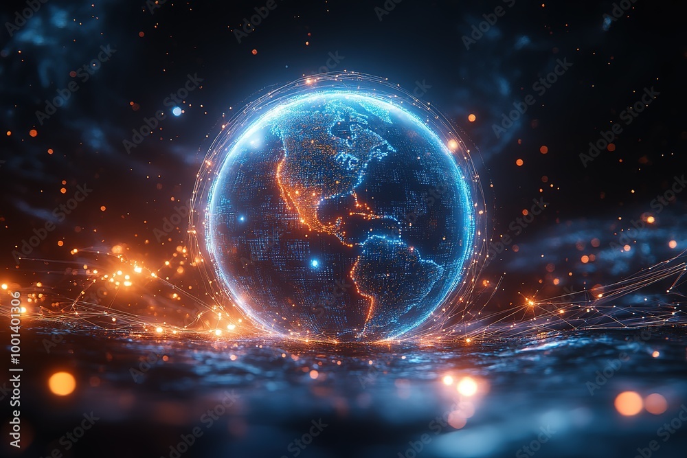 Obraz premium A glowing blue planet with a red and orange border