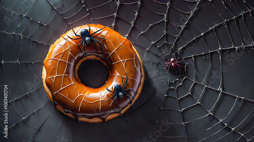 delicious glazed donuts decorated with cobwebs for Halloween	
