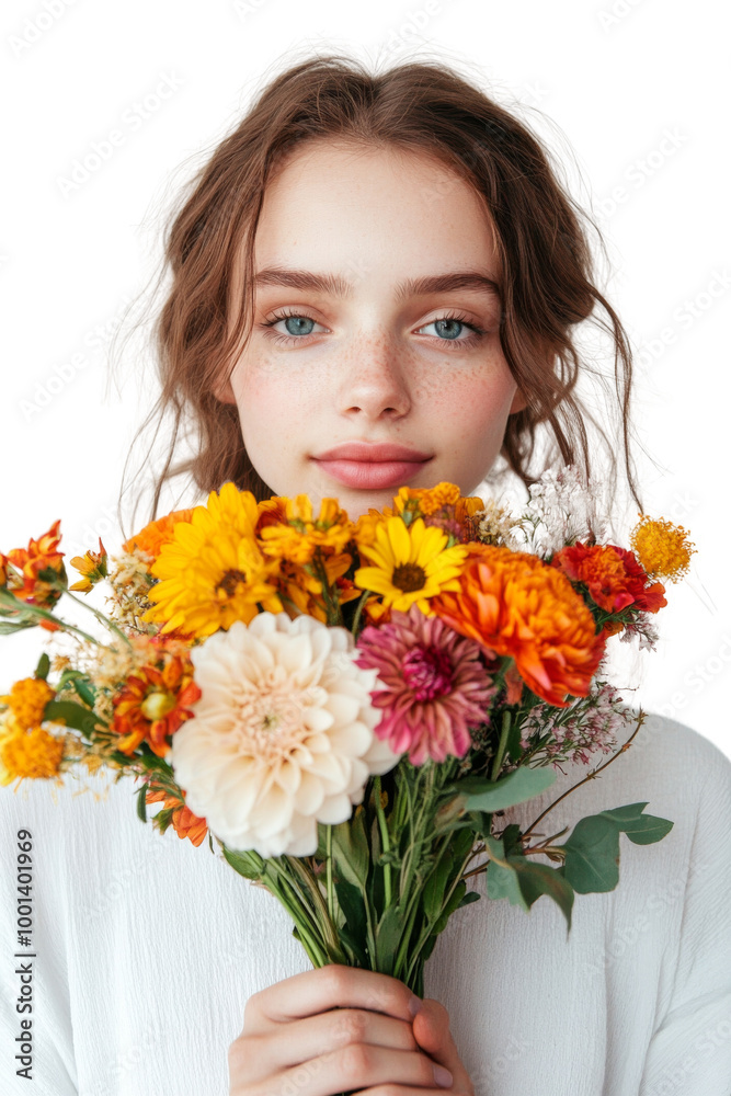 A woman is holding a bouquet of flowers in her hand. on transparent background png A woman is holding a bouquet of flowers in her hand. on transparent background png