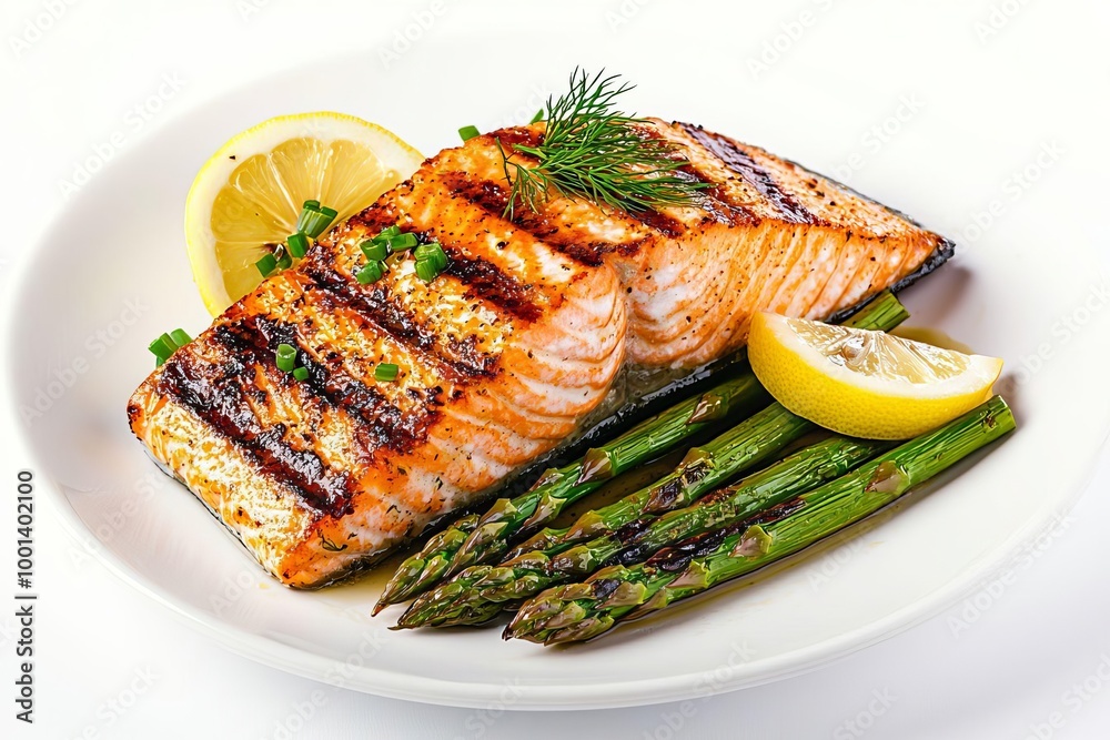 Grilled Salmon Fillet with Crispy Skin Lemon Dill and Grilled Asparagus Healthy Gourmet Dish Grilled Salmon Fillet with Crispy Skin Lemon Dill and Grilled Asparagus Healthy Gourmet Dish