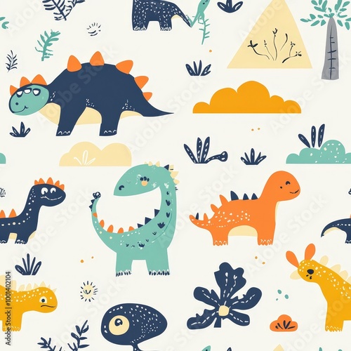 Colorful dinosaur illustrations on a playful background, perfect for children's designs. Seamless Texture Tile