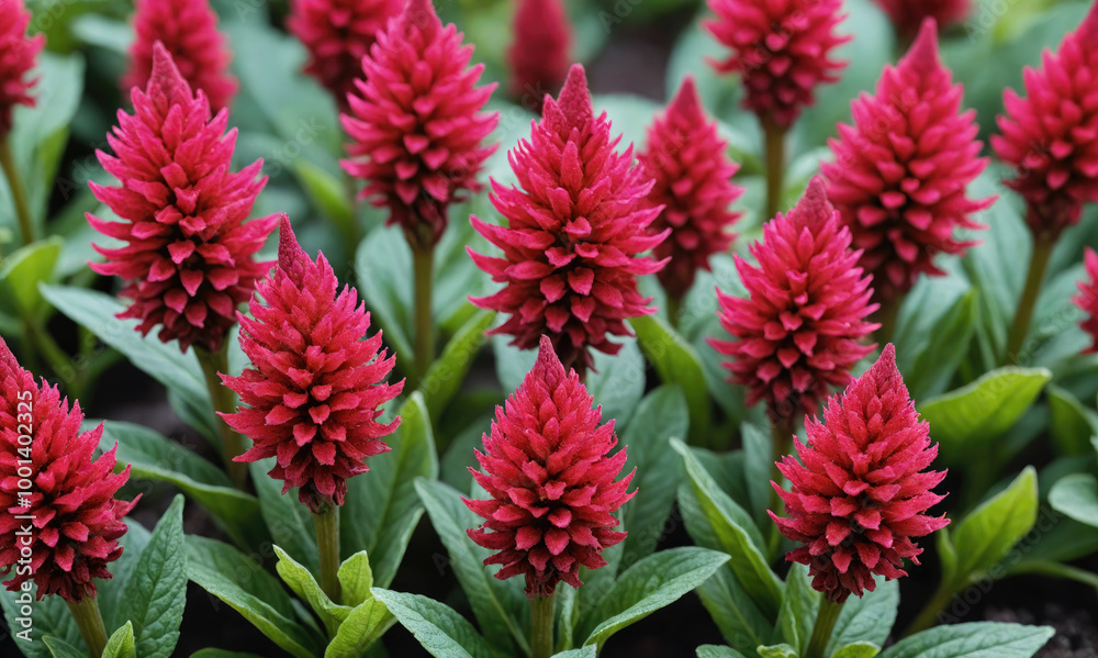 Bright crimson flowers bloom in a garden during the summer Bright crimson flowers bloom in a garden during the summer