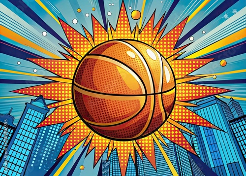 Colorful comic book-style illustration of a basketball bouncing through a stylized cityscape with bold lines, bright colors, and exaggerated details. photo