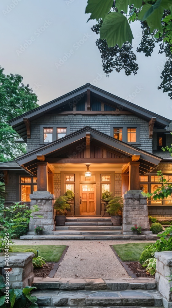 Classic craftsman house in soft gray, wooden details, stone columns, and lush front yard. Classic craftsman house in soft gray, wooden details, stone columns, and lush front yard.