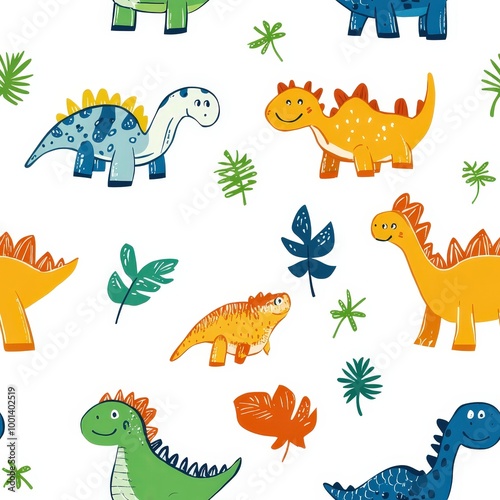 Colorful dinosaur pattern featuring various playful designs on a white background. Seamless Texture Tile