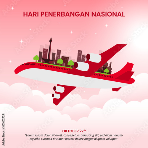 Hari Penerbangan Nasional Indonesia or Indonesian National Flight Day with an airplane and buildings photo