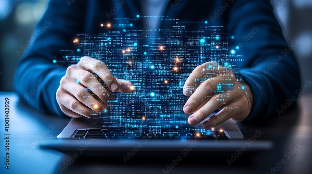 Person using futuristic laptop, visualizing digital data and code. Concept of cybersecurity, programming, and technology in blue tones. Person using futuristic laptop, visualizing digital data and code. Concept of cybersecurity, programming, and technology in blue tones.