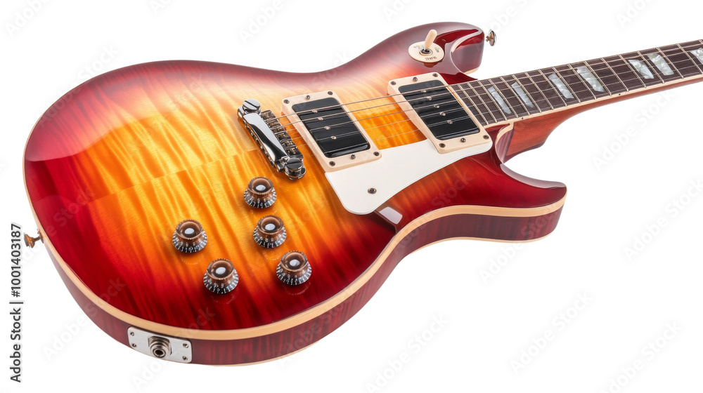 A red and yellow guitar with a white pickguard. on transparent background png A red and yellow guitar with a white pickguard. on transparent background png