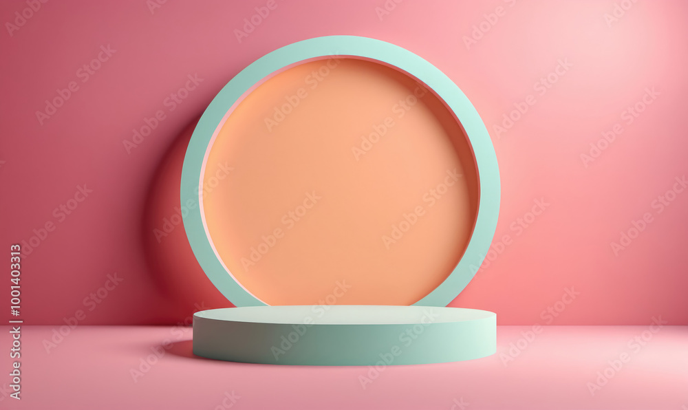 Fototapeta premium A pastel pink and green circular podium sits against a pink wall