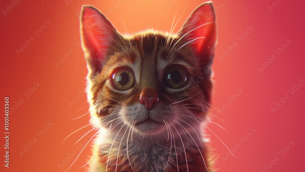 Adorable kitten staring with big eyes, highlighted against a warm red backdrop Adorable kitten staring with big eyes, highlighted against a warm red backdrop