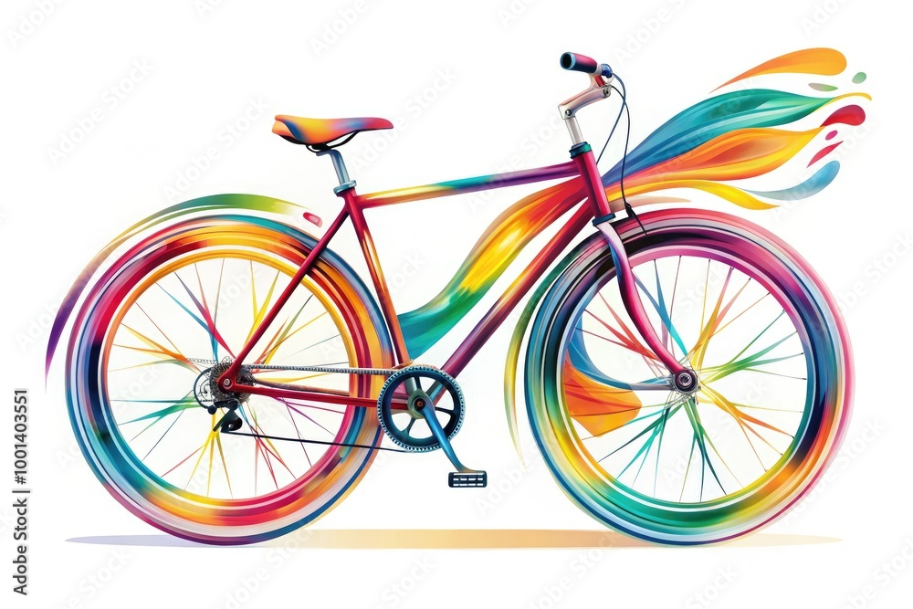Fototapeta premium Colorful illustration of a bicycle with bold lines and vibrant hues, set against a white background, showcasing dynamic movement and fluid motion.