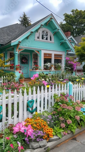 Classic Craftsman house featuring a turquoise exterior, white picket fence, and colorful flower beds.