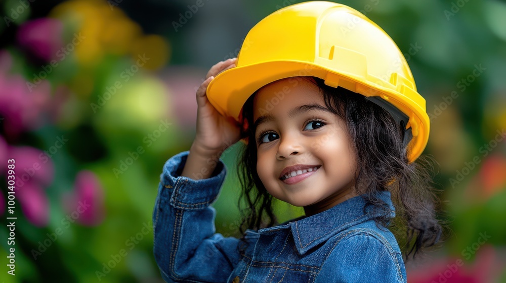 Happy Little Girl Wearing Yellow Hard Hat Construction Safety Happy Little Girl Wearing Yellow Hard Hat Construction Safety