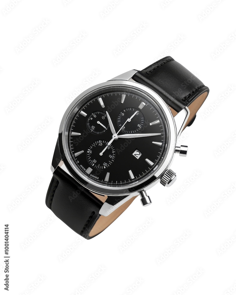 A black watch with a black band and a silver face. on transparent background png A black watch with a black band and a silver face. on transparent background png