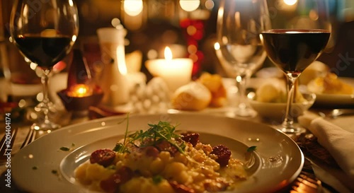 Close-up of Delicious Pasta Dish with Red Wine and Candlelight