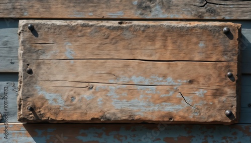 an empty sign board on the background of a fence, made of wood, old and weathered plaque