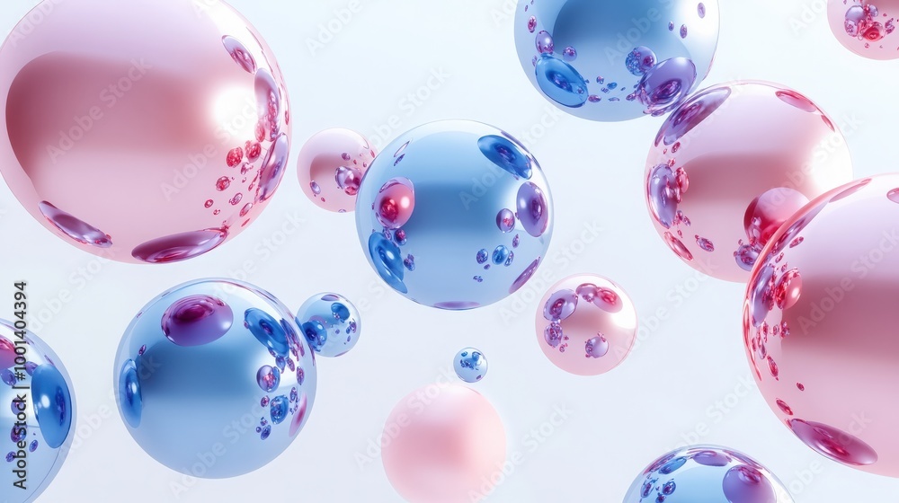 Dynamic 3D render of realistic primitives, featuring spheres, torus, tubes, and cones in metallic blue and pink, floating on a white background Dynamic 3D render of realistic primitives, featuring spheres, torus, tubes, and cones in metallic blue and pink, floating on a white background