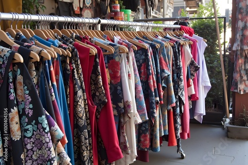 Flea Market, A Colorful Array of Vintage Clothes Hanging on Racks for Sale