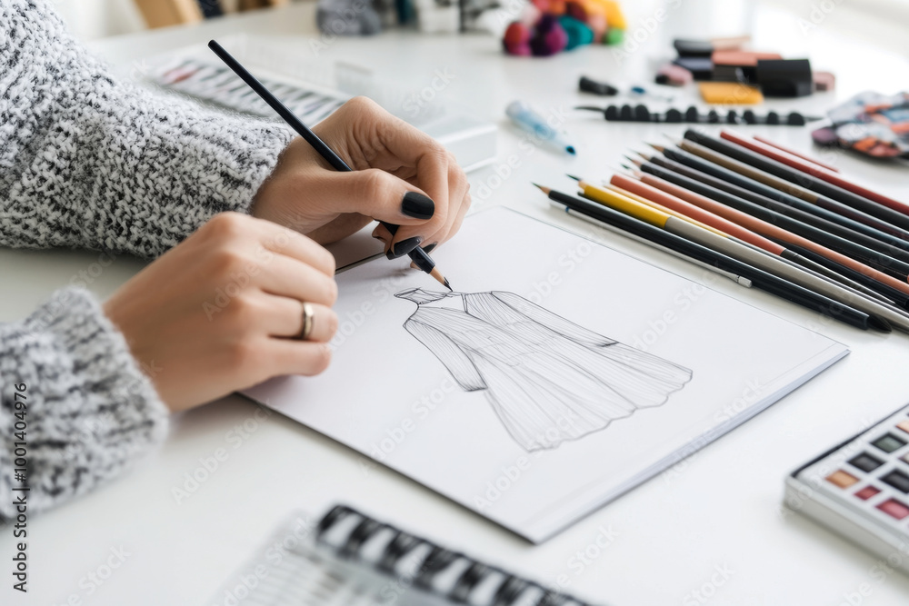 A woman is drawing a dress on a piece of paper A woman is drawing a dress on a piece of paper