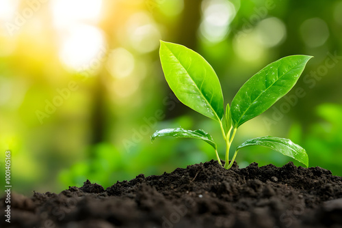 young green plant emerges from rich soil, symbolizing growth and renewal in vibrant natural setting. sunlight filters through trees, creating serene atmosphere