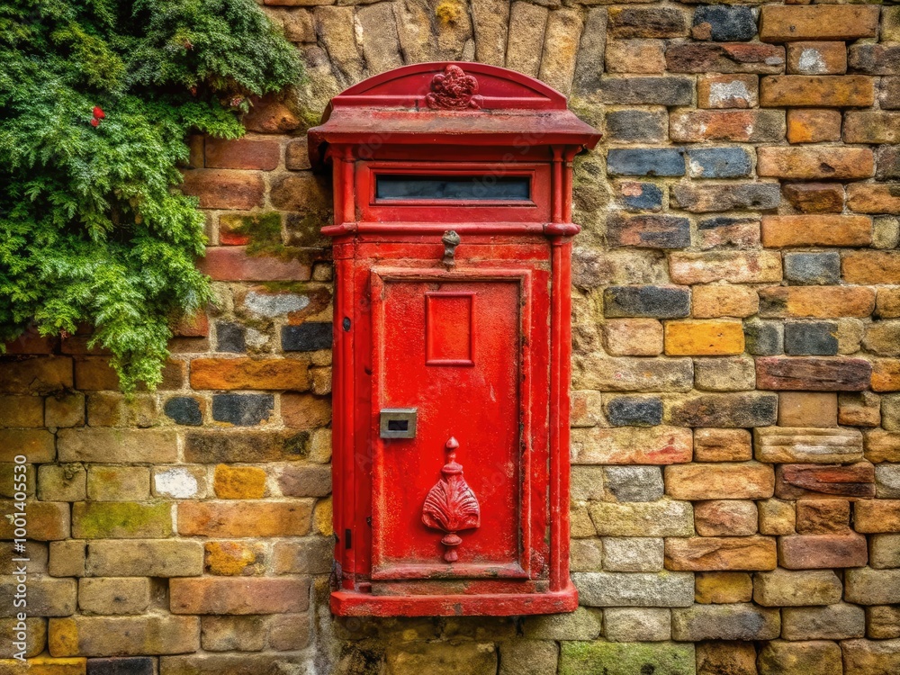 Antique Red Post Box with Weathered Patina Against a Rustic Brick Wall in a Quaint Village Setting Antique Red Post Box with Weathered Patina Against a Rustic Brick Wall in a Quaint Village Setting