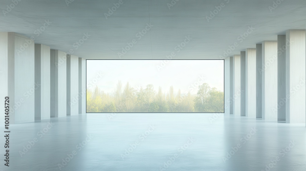 Fototapeta premium A large, empty room with a window that looks out to a forest