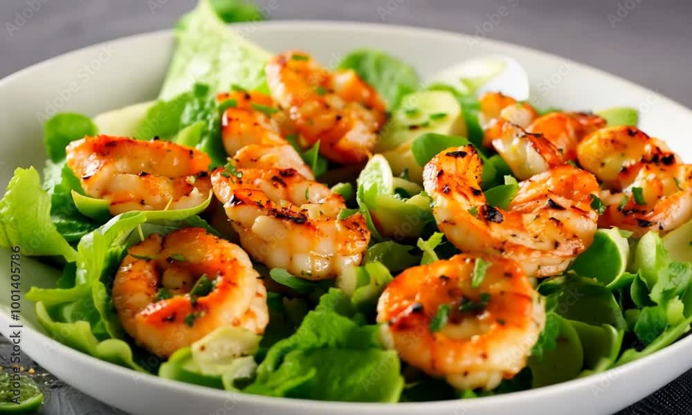Grilled shrimp salad with mixed greens, avocado, and citrus dressing, light and refreshing Grilled shrimp salad with mixed greens, avocado, and citrus dressing, light and refreshing