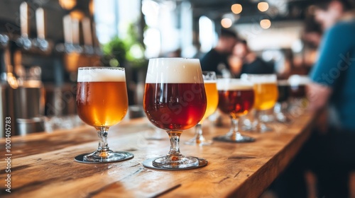 A fun shot of a beer tasting event, with an array of colorful craft beers displayed on a table, inviting enthusiasts to explore different flavors and styles.