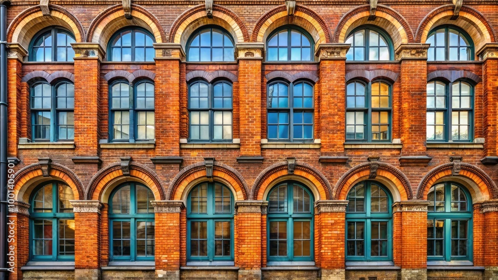 Fototapeta premium Arched Brick Windows Featuring Classic Architectural Design and Vintage Aesthetic on a Building Facade