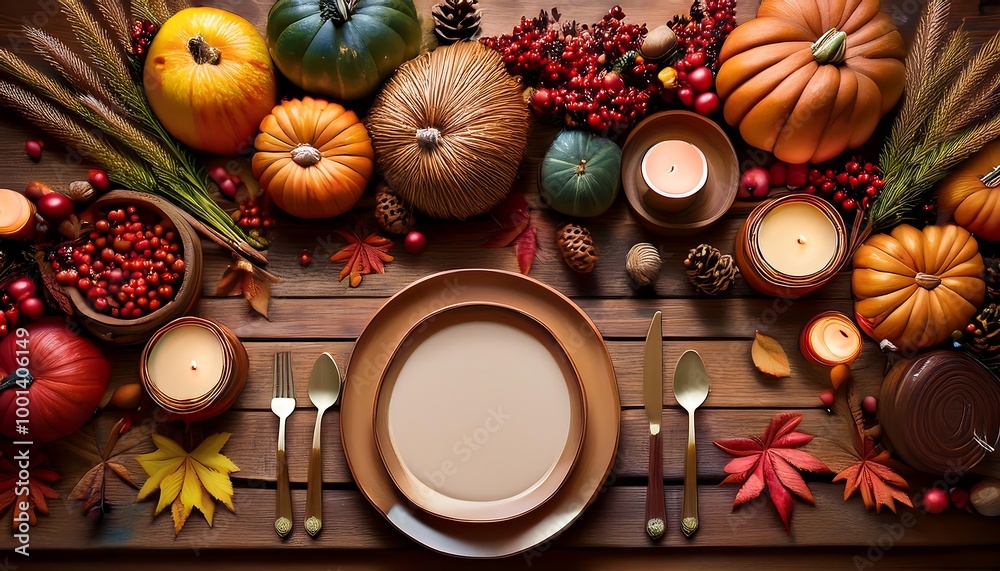 A festive harvest feast table setting featuring autumn decorations, colorful pumpkins, candles, and natural elements, creating a warm Thanksgiving atmosphere. Generative AI A festive harvest feast table setting featuring autumn decorations, colorful pumpkins, candles, and natural elements, creating a warm Thanksgiving atmosphere. Generative AI